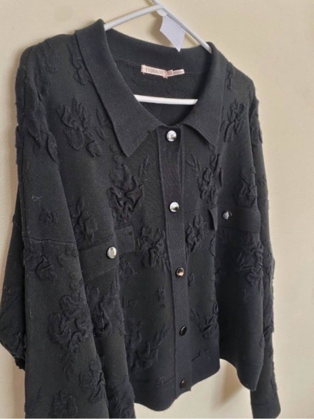 ESQUALO Benta Black 3D Floral Texture Button Front Cardigan